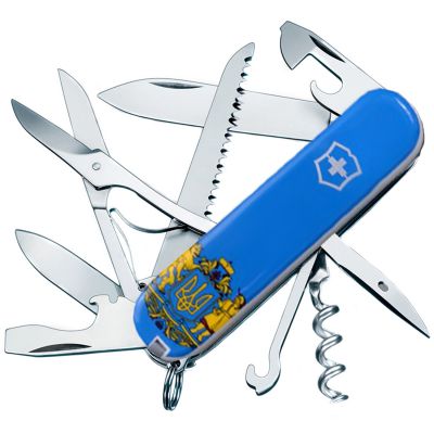 Нож складной, мультитул Victorinox Huntsman Ukraine Герб (91мм, 15 функций), бело-голубой 1.3713.7R6 ― fonarik.in.ua